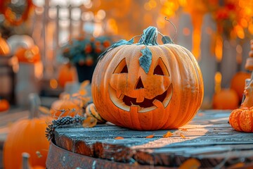 Halloween Background with Pumpkins. Halloween-themed background with glowing jack-o'-lanterns
