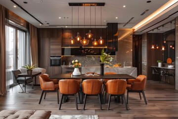 Fototapeta premium Modern dining room interior design,Modern interior of cozy kitchen, Generative AI