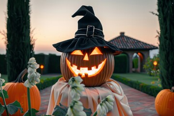 Halloween Background with Pumpkins. Halloween-themed background with glowing jack-o'-lanterns