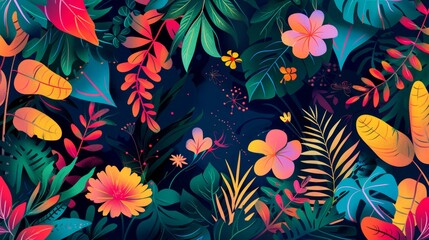Vibrant Tropical Leaves and Flowers in a Colorful Jungle Illustration