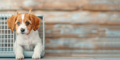 Dog sitting inside a crate, symbolizing pet care and travel safety. Ideal for pet, travel, and lifestyle themes. Concept of cute and secure pet transportation.