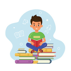 Boy sitting on books reading a book