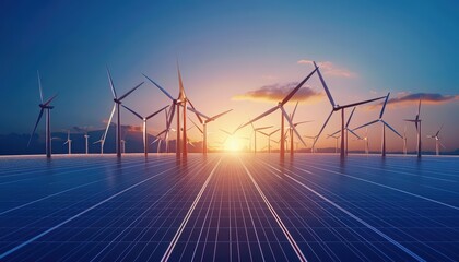 A combination of solar panels and wind turbines creates a comprehensive clean energy banner with copy space