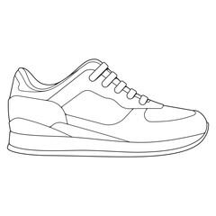 Black and white contour vector illustration of shoes. sneakers, unisex, outline sneakers. vector line.