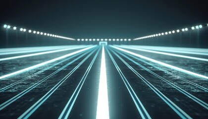 A futuristic football field with glowing lines and hovering goals creates a surreal match setting, with copy space