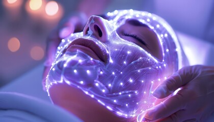 A futuristic spa offers treatments using holographic masks derived from enchanted herbs, blending health food benefits with advanced skincare, high tech, with copy space