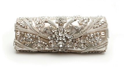 Luxurious bridal clutch with crystal embellishments, isolated on a white background, emphasizing the design