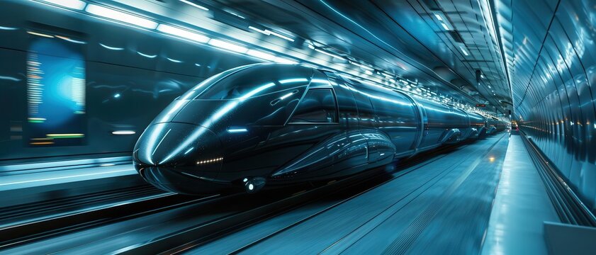 Hyperloop transportation system designs, sleek hyperloop pods in a high-tech environment