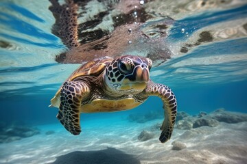 Underwater shot of a sea turtle, showcasing its patterned shell and paddling flippers