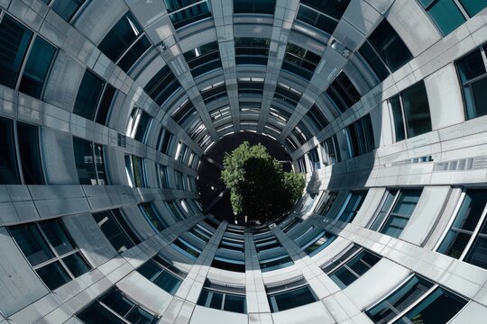 A dizzying view looking up at a circular modern building with a tree visible through the center opening.