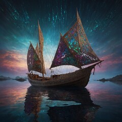 In a mysterious realm, a perplexingly intricate dimensional dinghy floats, its hull etched with twisting runes that seem to shift and change. This fantastical vessel is depicted in a detailed and mesm
