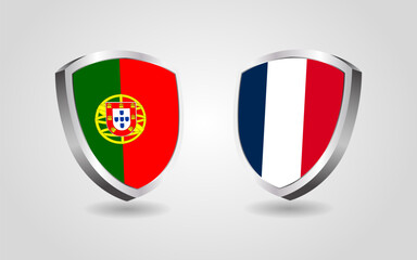 Obraz premium Portugal vs France flag shields on a white background, Football soccer championship competition vector illustration