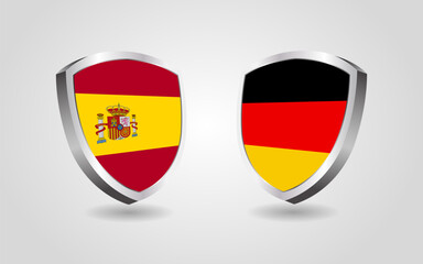 Spain vs Germany flag shields on a white background, Football soccer championship competition vector illustration