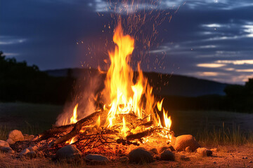 Big bonfire. Fireplace. Cosy. Dark sky.