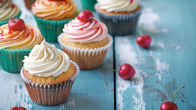 A close-up of various cup-cakes on a studio light background