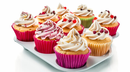 A close-up of various cup-cakes on a studio light background