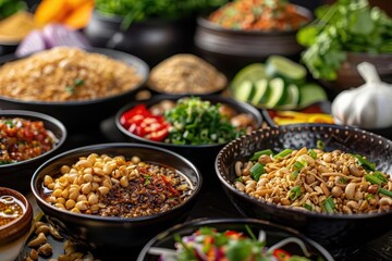 Obraz premium An array of Thai dishes like Laab create a flavorful explosion with copy space