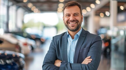 Confident Salesman Standing In Modern Car Dealership. Generative AI