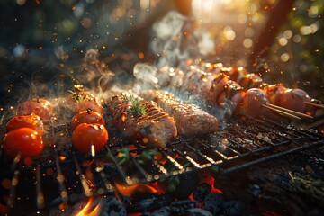 Grilled meat with vegetables and spices on a dark background. Baked meat and tomato. Delicious dish. Meat with spices and sauce.