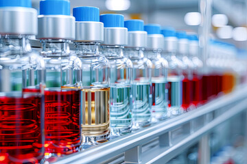 Bottles with reagents for research in a cabinet in a modern laboratory, selective focus, modern laboratory concept
