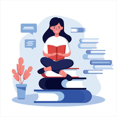 Girl sits on books and reads a book