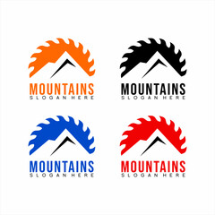 Mountain logo design with saw blade elements with sunrise concept.