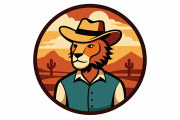 Circle artwork with t-shirt design, lion wearing cowboy hat, Texas desert background, vector illustration