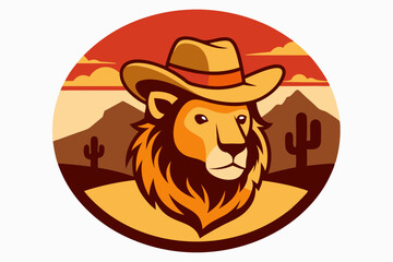 Circle artwork with t-shirt design, lion wearing cowboy hat, Texas desert background, vector illustration