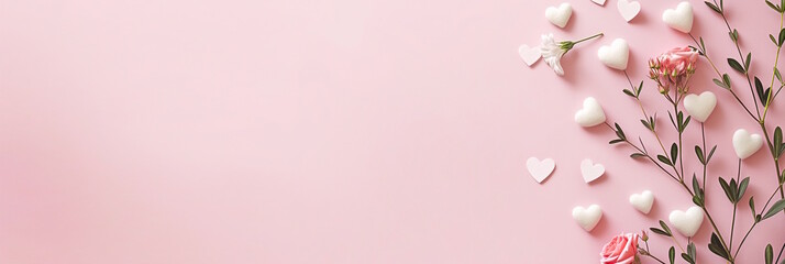 Obraz premium White heart-shaped decorations and pink flowers arranged on a soft pink background, creating a delicate and romantic composition, suitable for Valentine's Day or Girlfriend Day concepts