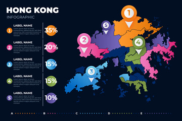Colored gradient hong kong map infographic on dark background