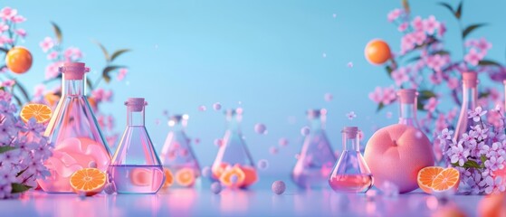 In a supernatural lab, cosmetics infused with glowing extracts from enchanted fruits promise radiant skin and natural beauty, high tech, with copy space