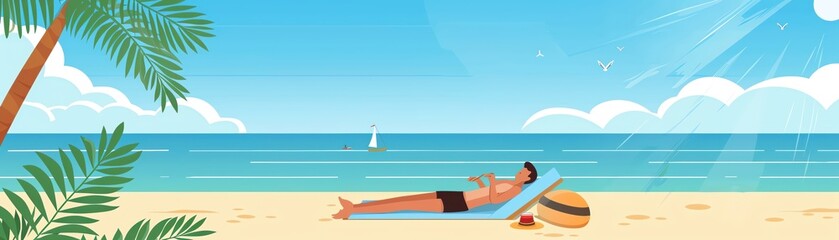 Obraz premium Beach lounging, clear sunny sky, summer enjoyment, flat design illustration