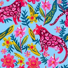 Pink Floral and Green Leaf Tropical Panther Background
