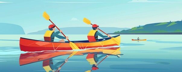 Two people kayaking on a calm lake, mountains in the distance.