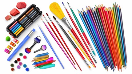 A collection of art supplies, school tools, realistic rendering, multicolored, isolated on white background