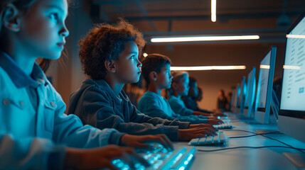 Focused Teens in Computer Lab: Young Students Engaged in Technology and Coding