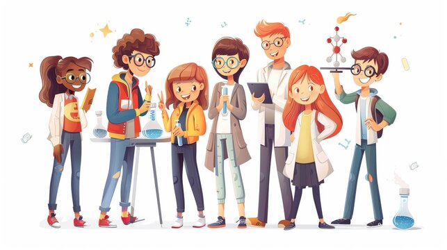 A group of students in a science fair, educational event, realistic illustration, isolated on white background - Powered by Adobe