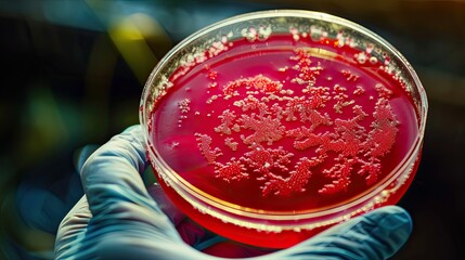 A medical laboratory technician performs research with a petri dish. A microbiologist works and examines mold and fungal cultures in the laboratory. Design for poster, cover, brochure or presentation.