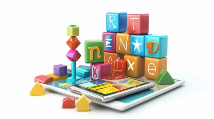 A set of educational apps on a tablet, digital learning tools, realistic rendering, isolated on white background