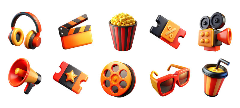 Colorful 3D cinema icons, including headphones, clapperboard, popcorn, tickets, camera, megaphone, film reel, glasses, and drink