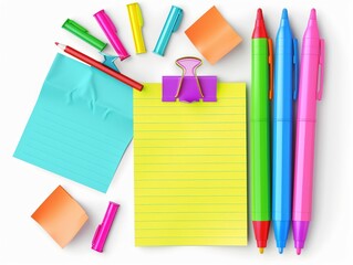 Fototapeta premium A set of sticky notes and highlighters, school supplies, detailed rendering, colorful, isolated on white background