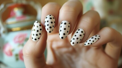 CloseUp of Hand with Elegant Black Polka Dot Nail Art on White Background, Perfect for Fashion and Beauty Designs