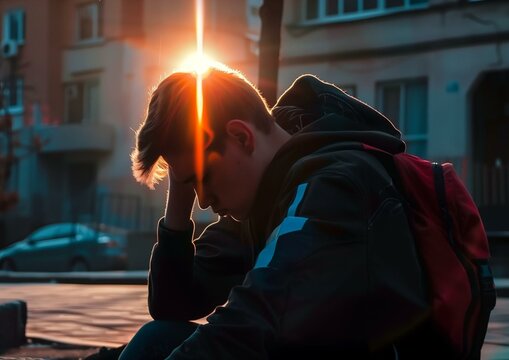 Contemplative Mood of Teenage Boy at Sunset in Urban Setting - Emotional Photography.