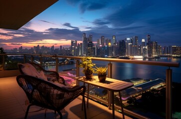 Tranquil balcony setup overlooking a stunning urban skyline illuminated at twilight