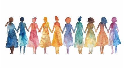 Watercolor diverse women holding hands, International Day of Elimination of Violence Against Women, unity and strength
