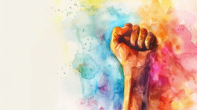 Watercolor hand stopping a fist, International Day of Elimination of Violence Against Women, resistance and protection