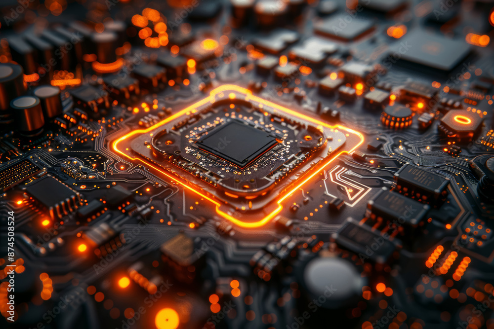 Poster a microchip with intricate circuits, showcasing technological advancement. concept of computing and 
