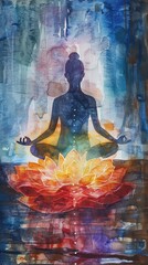 Naklejka premium Watercolor woman in lotus pose with light, International Day of Elimination of Violence Against Women, peace and empowerment