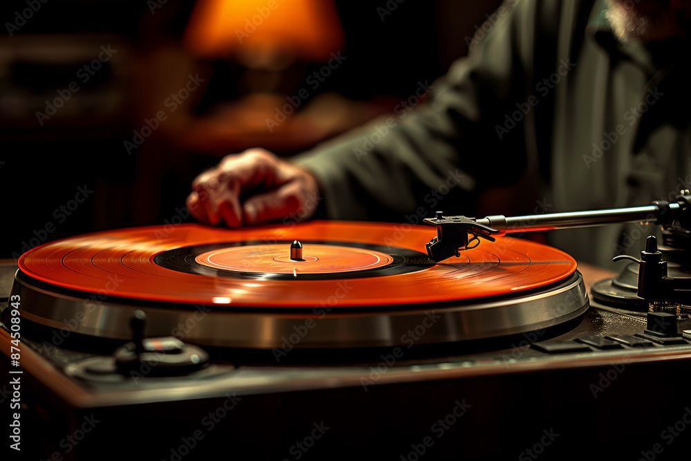 Poster a vintage vinyl record spinning on a turntable, emitting classic tunes. concept of music and nostalg