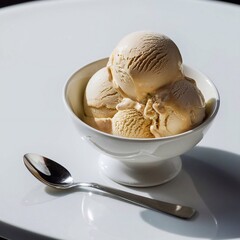 creamy ice cream in a white bowl on a white table with a dessert spoon